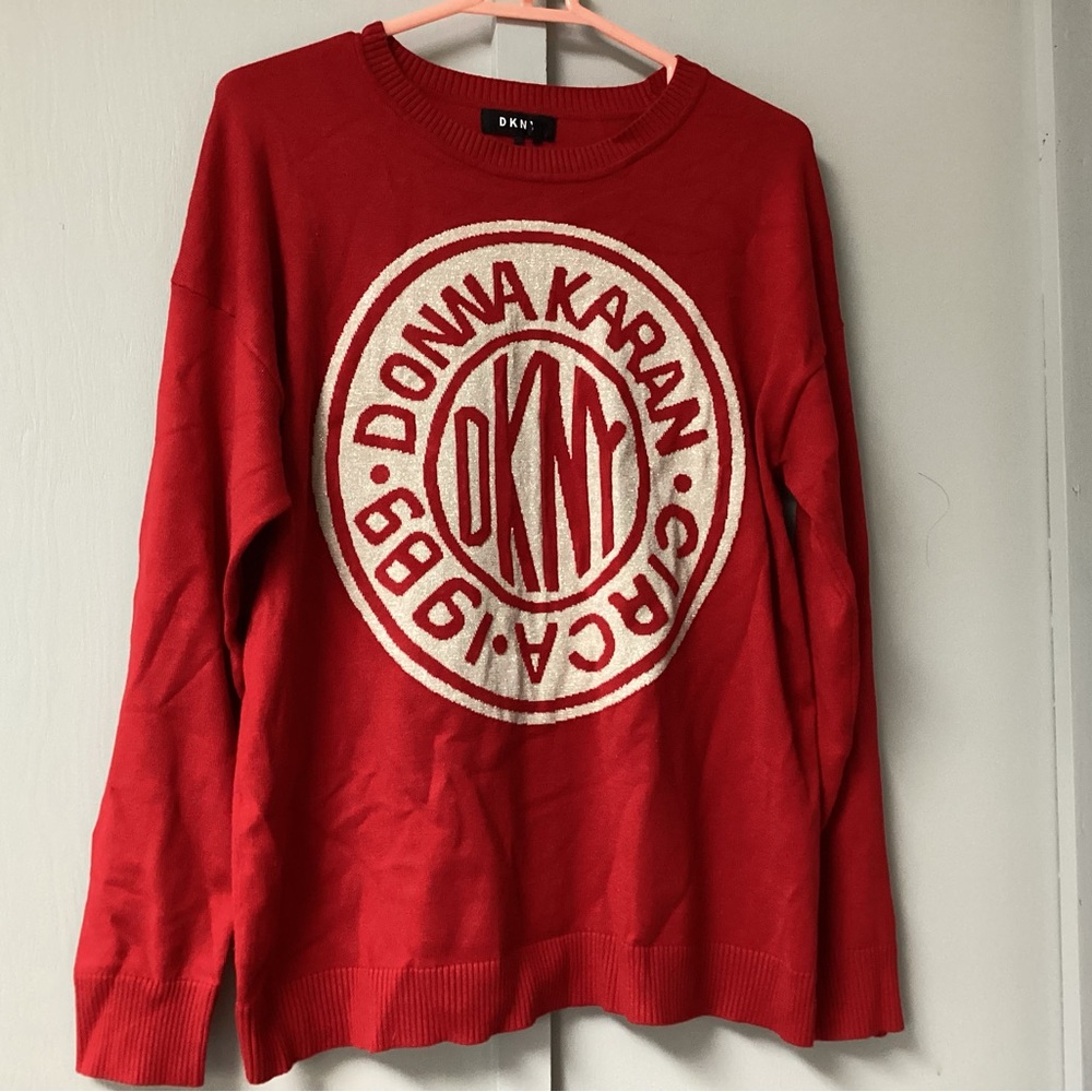 DKNY Red Crewneck Sweater with Cream Logo Emblem